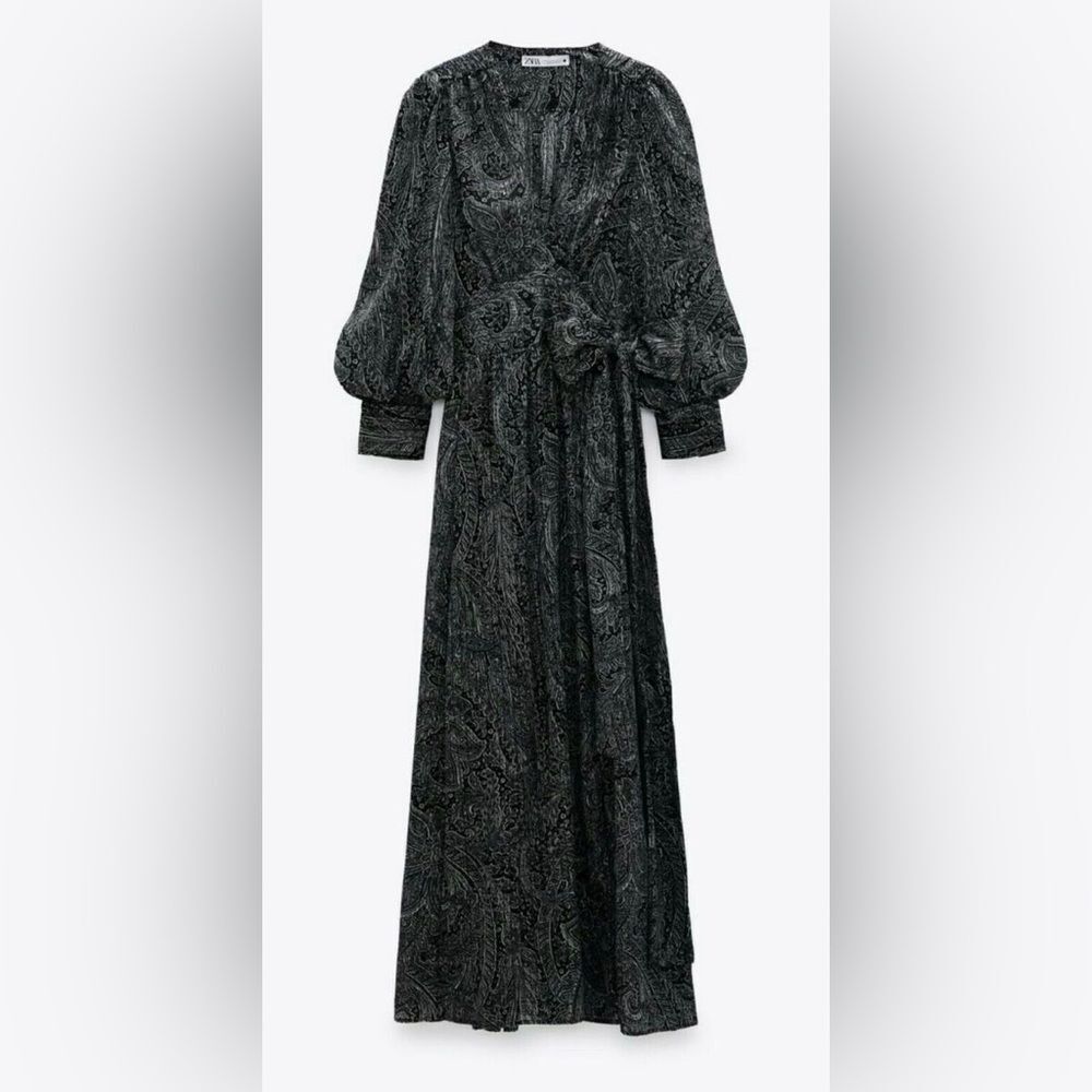 ZARA Paisley Print Grey/Black Maxi Tie Waste Dress Size S - Picture 14 of 14